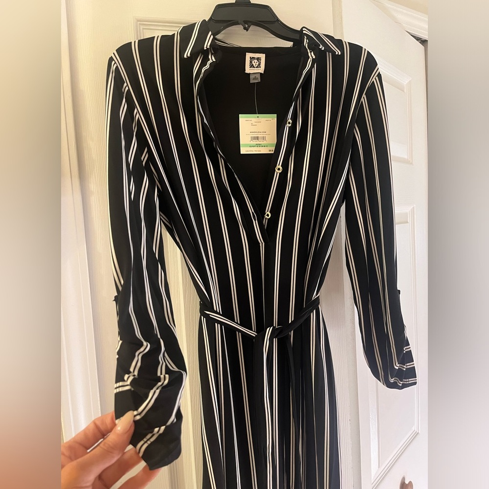 ANNE KLEIN BLACK & WHITE STRIPED BELTED DRESS - NEW WITH TAGS - SIZE 8